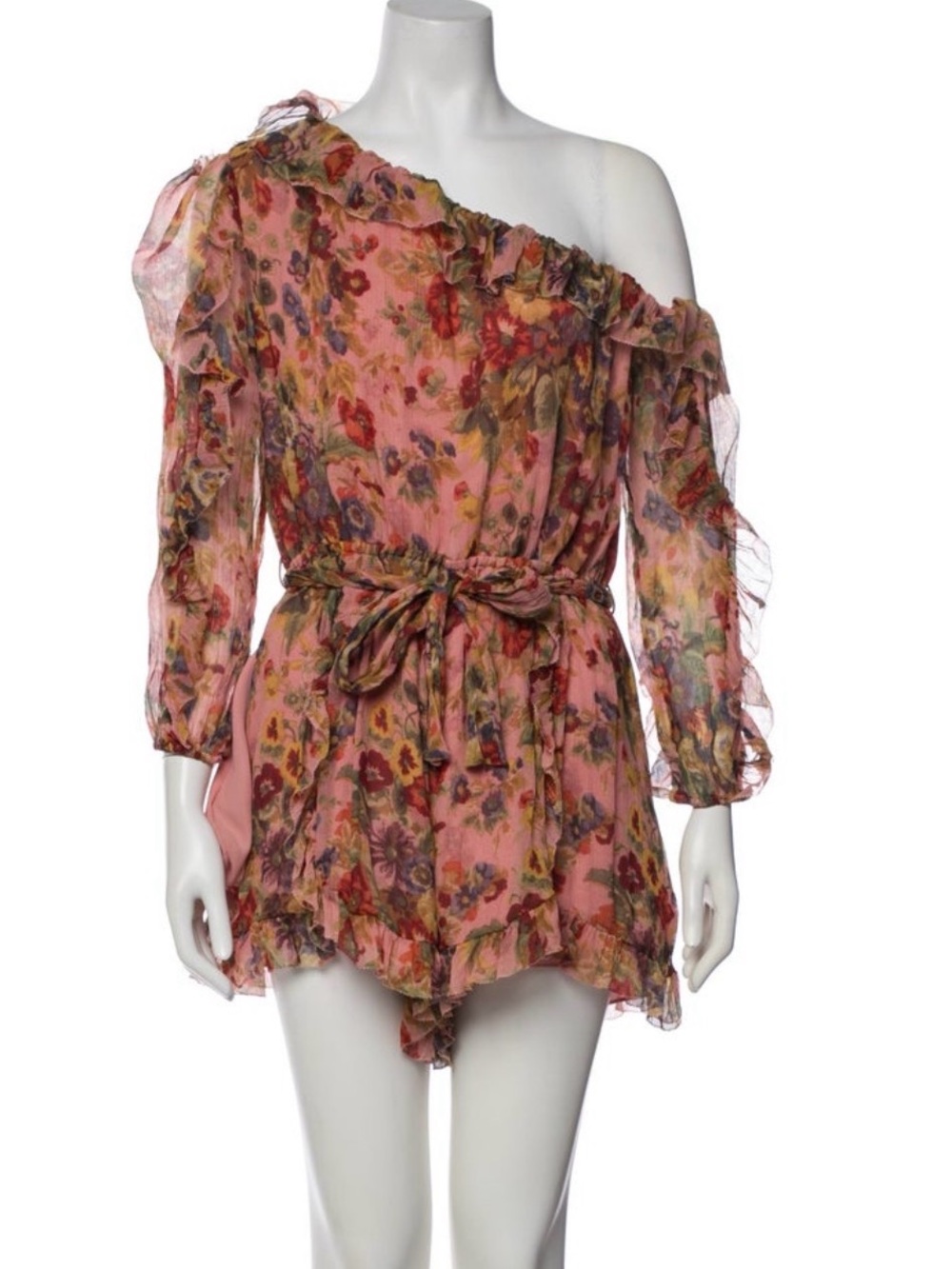 Zimmermann Pink Silk Floral Ruffle Romper Sz S brand size 1